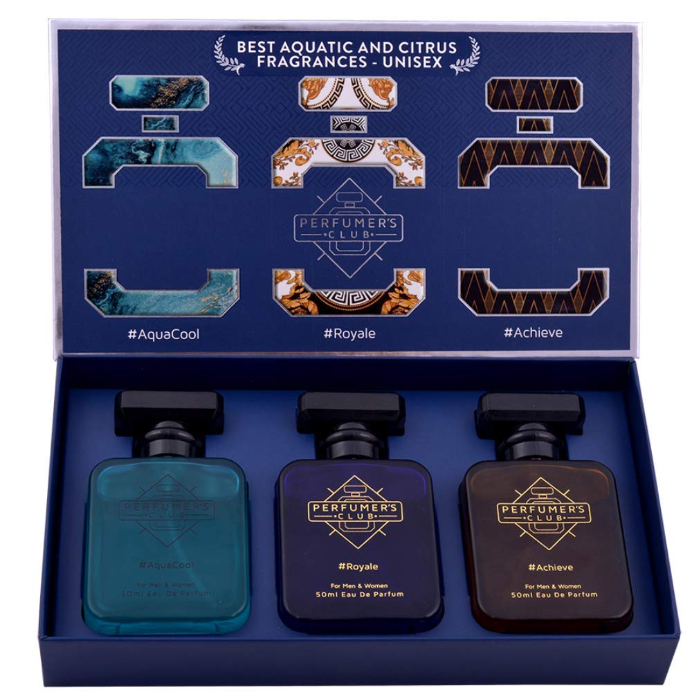 Perfumers Club "Best Fragrance for Unisex Aquatic and Citrus" Gift Set of 3 (AquaCool + Royale