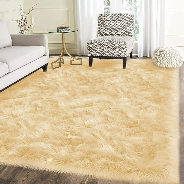 Latepis Fur Rug 6x9 Light Yellow Rug, Faux Sheepskin Rug for Living