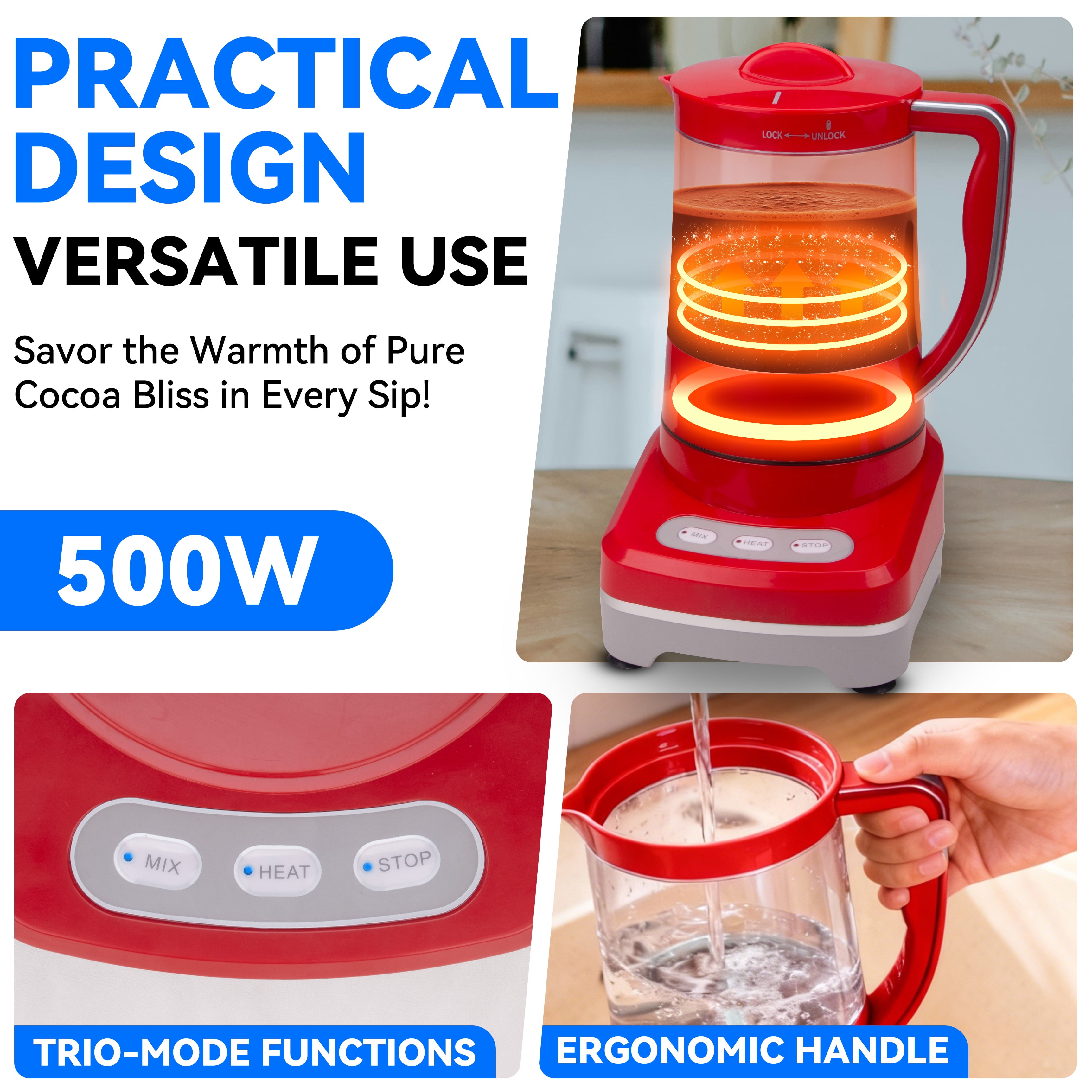 Mailand Hot Chocolate Drink Maker, 29 oz (3.5 Cups), Electric Milk Frother and Steamer, Red