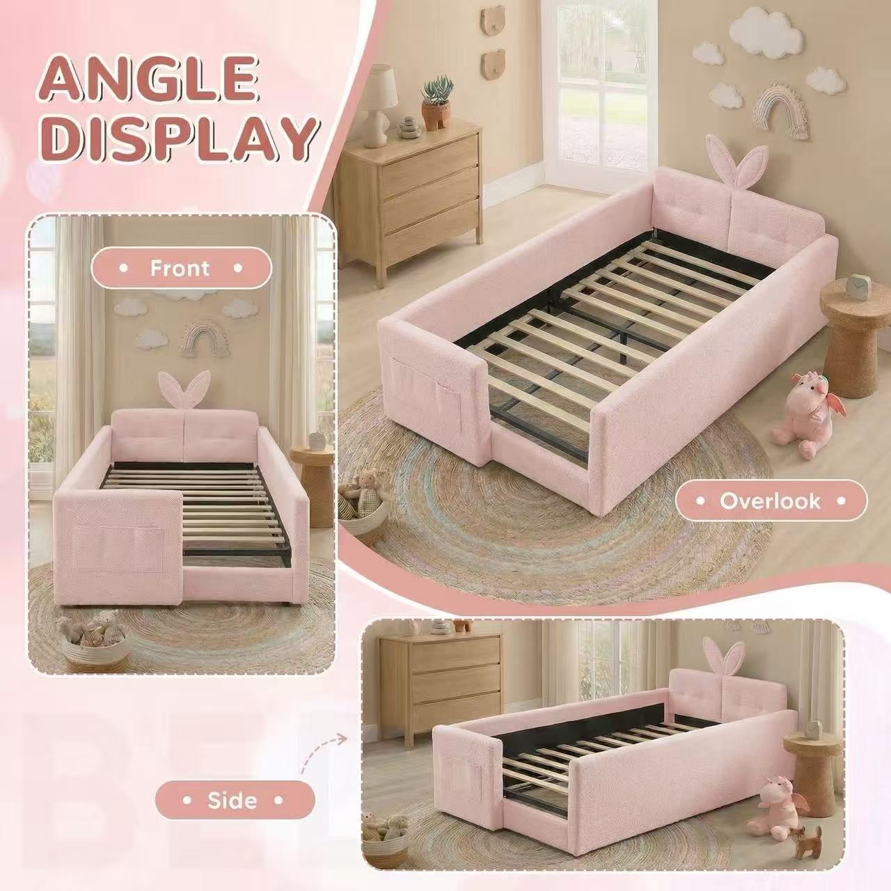 AISWORD Twin Size Kids Bed, Rabbit Ear Headboard, Upholstered Daybed with Slat Support & Side Pockets, Space-Saving Wooden Corner Sofa Bed, Pink