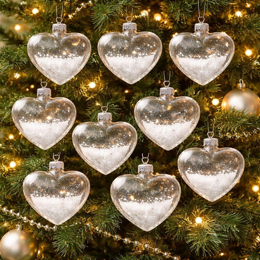 4E's Novelty 12 Pcs Fillable Glass Heart Ornaments 60mm Clear DIY Christmas Tree Decor Crafts Gifts
