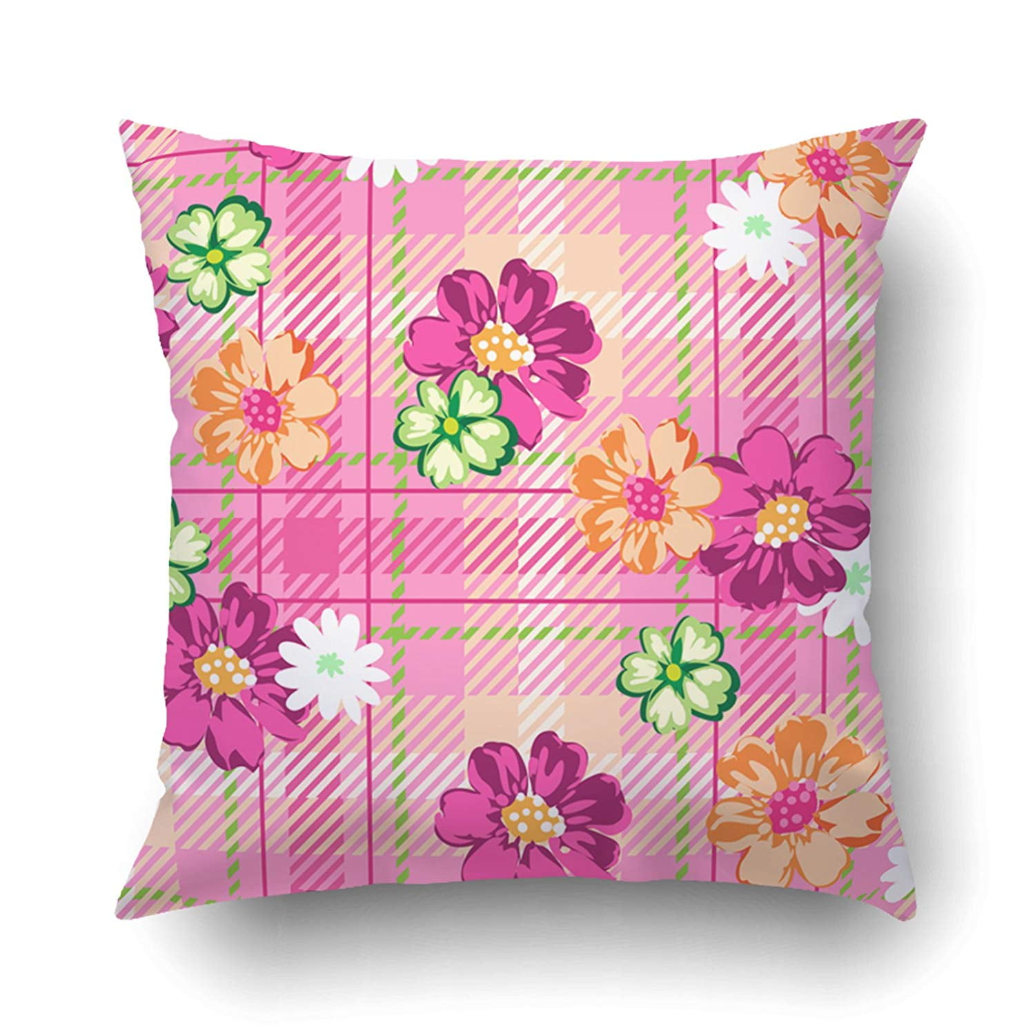 Rylablue Pink Plaid Floral Pillowcase Pillow Cushion Cover 20x20 Inch