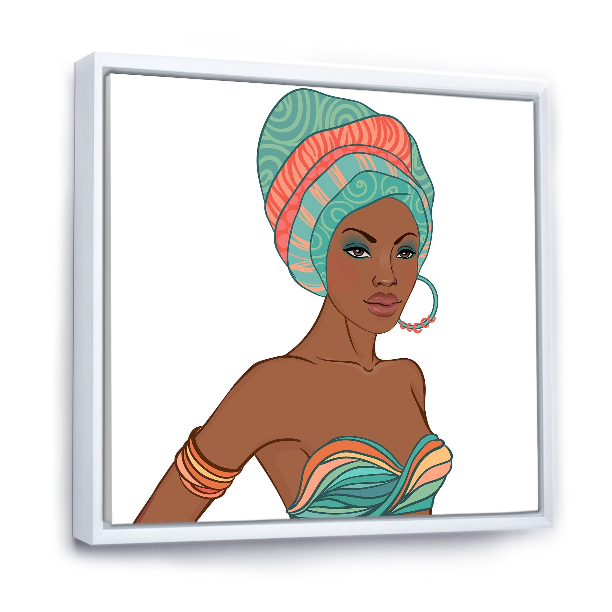 Designart 'African American Woman With Turban and Earring' Modern Framed Canvas Wall Art Print