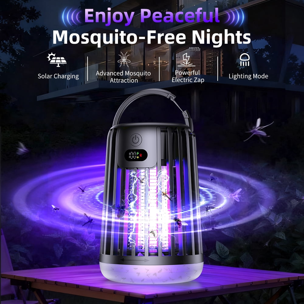 G · PEH Solar Bug Zapper Outdoor, 2000V High Powered Mosquito Zapper, 3-in-1 Fly Zapper with Bionic Lure & 18 LED Beads, IPX Waterproof Rechargeable Bug Zapper for Garden, Patio, Camping