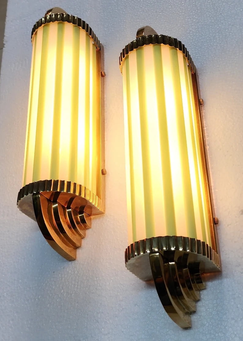 Pair of Vintage Art Deco Skyscraper Wall Sconces – Brass & Opaline Green Milk Glass Rod Lights