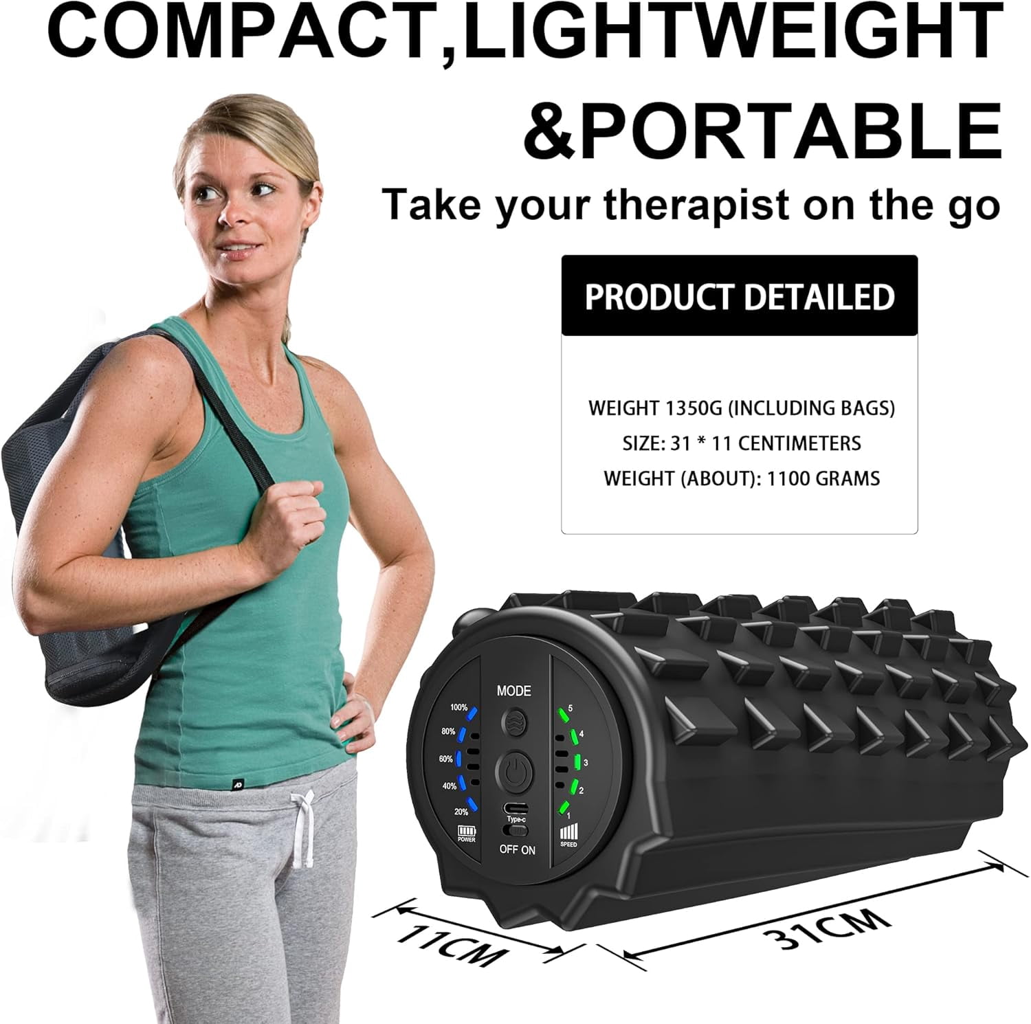 Vibrating Foam Roller 5 Vibration Intensities, Next Generation Electric Foam Roller for Muscle Release, Fitness Deep Massage Foam Roller with Bag - Black