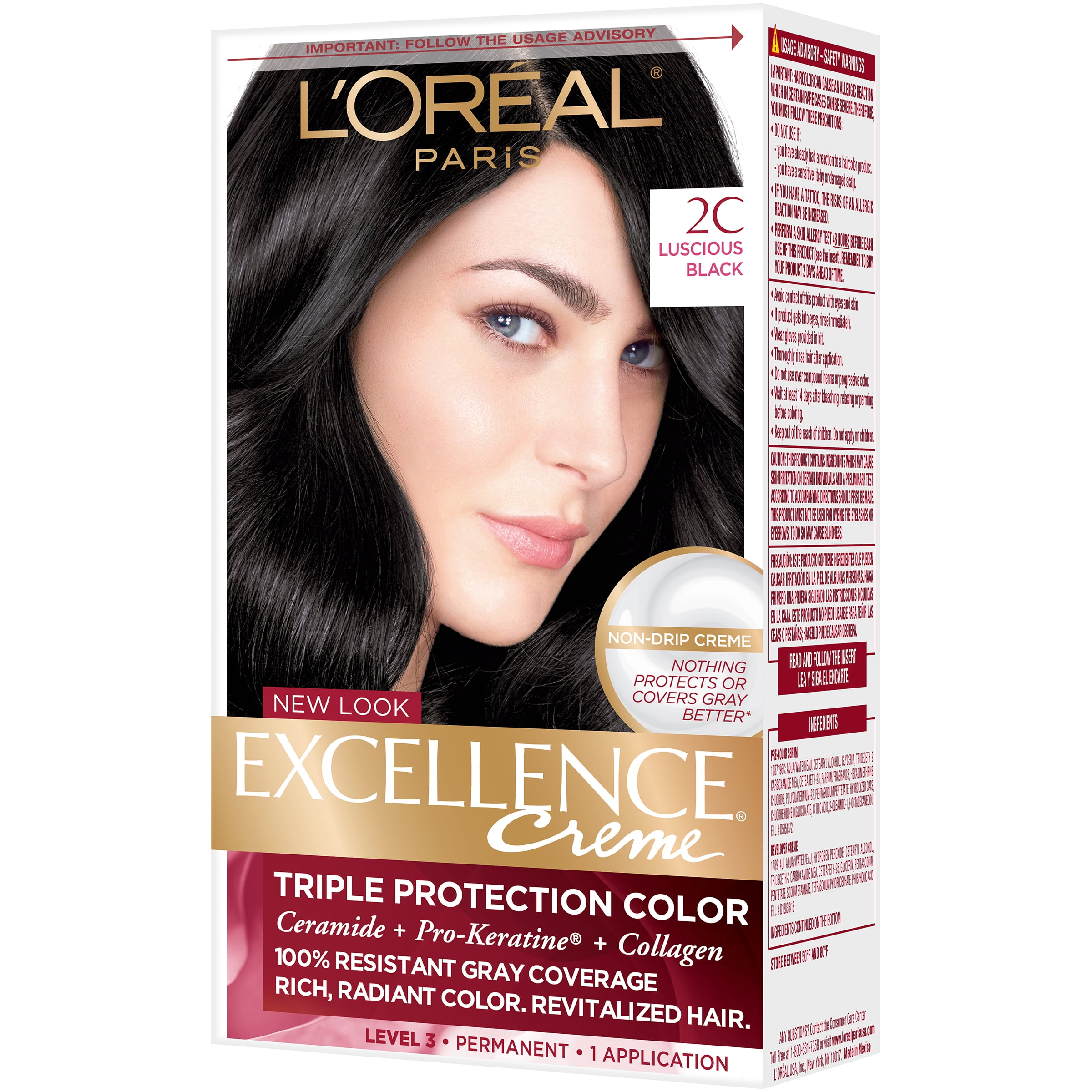 L'Oreal Paris Excellence Creme Permanent Hair Color Kit, 2C Luscious Black  