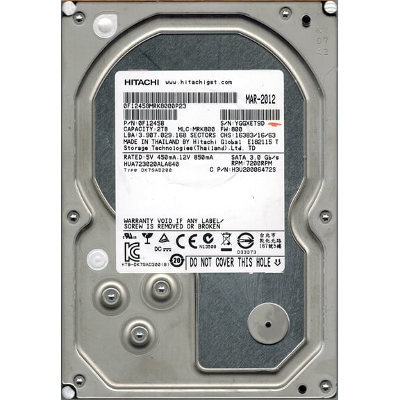 Hitachi HUA723020ALA640 P/N: 0F12458 MLC: MRK800 2TB