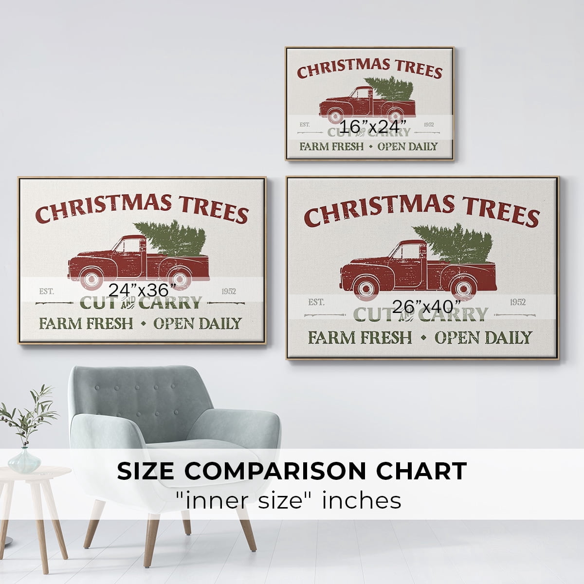 Christmas Farm Sign Collection A - Framed Gallery Wrapped Holiday Canvas - 25 x 37 - Natural Wood Frame