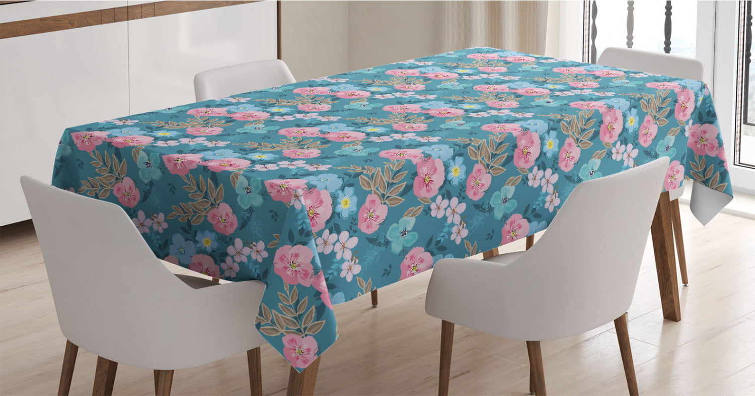 60 X 84 Ambesonne Floral Tablecloth Ornamental Botanical Flower Blossom Petals Leaves Mother Nature Girlish Pattern Rectangle Satin Table Cover Accent for Dining Room and Kitchen Multicolor