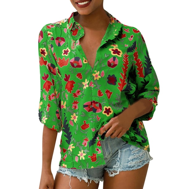 Sonducket Blusa informal con botones de manga larga y estampado de gasa para mujer Prendas para la parte del cuerpo Verde SG