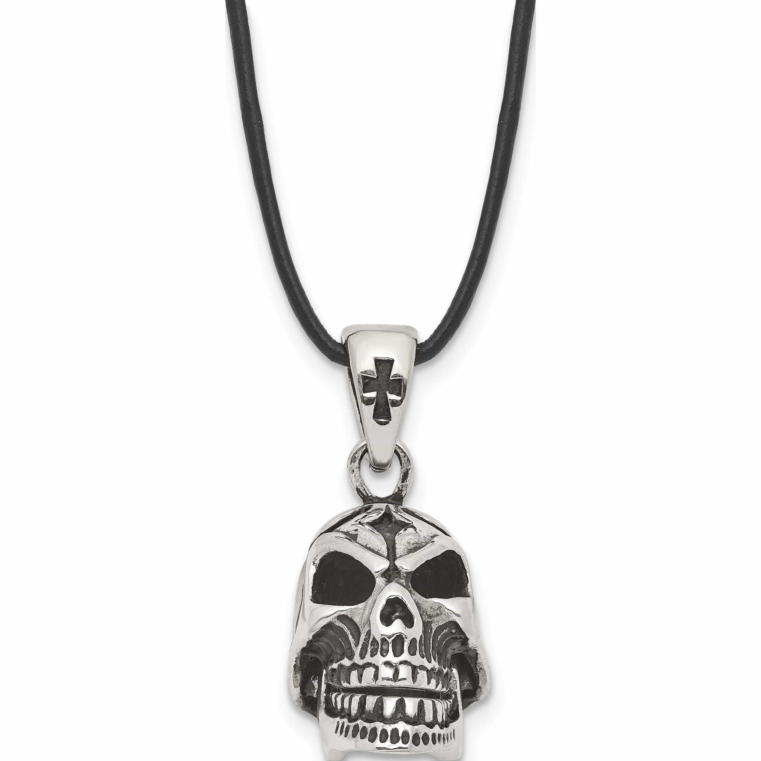 Stainless Steel Antiqued & Polished Moveable Skull Leather Cord Necklace Made In China -Jewelry By Sweet Pea