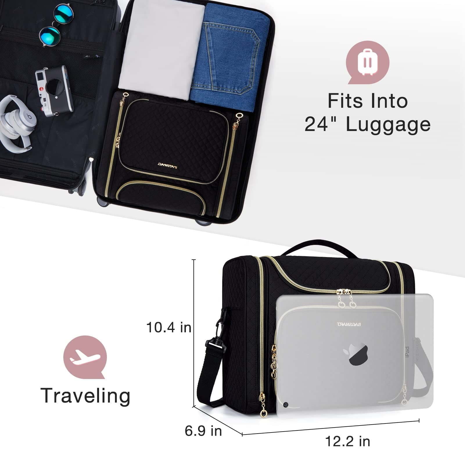 Extra Large Travel Toiletry Bag, Water-resistant Makeup Cosmetic Bag with Hanging Hook, Travel Toiletries Accessories Organizer Essentials, Full Sized Container, Black