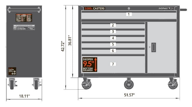 SHOPMAX Rolling Tool Boxes and Organizers, steel Black, 18.11 x 51.57 x 42.72", 205.6 lb