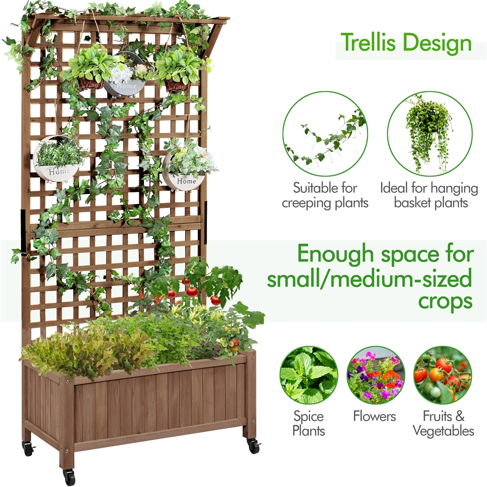 Renwick 72" H Rolling Wood Planter Raised Bed with Trellis, Dark Brown