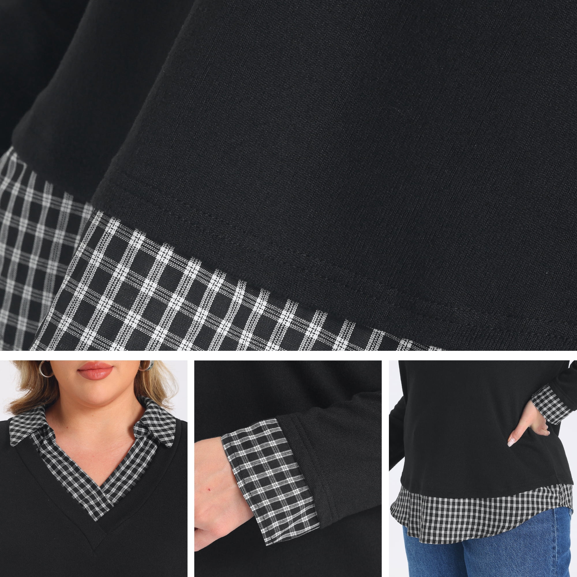 DARING DIVA Women's Plus Collared Plaid Contrast Patchwork Long 2X Black