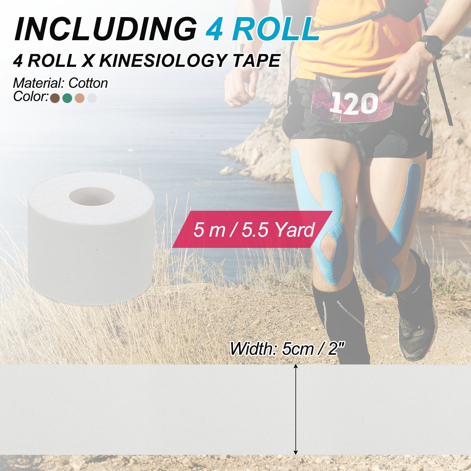 Uxcell Kinesiology Tape, Adhesive Cotton Sport Muscle Support Tapes Waterproof Elastic Tape for Knee Ankle Wrist Shoulder Brown/White/Dark Green/Skin