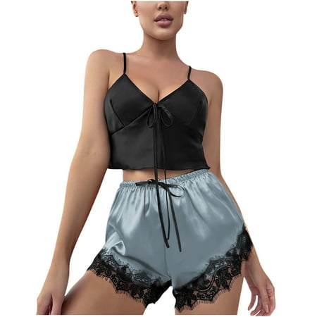 Mrat Cotton Nightgowns for Women Shorts Suspender Shorts Silky Pajamas for Women Lingerie Chest Lingerie Crotchless Nightshirts Lace Lace Pajama Suit Gray L