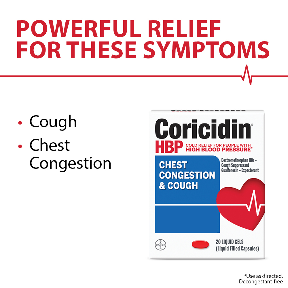 Coricidin HBP Chest Congestion & Cough Medicine, Liquid Gels, 20 Ct - image 2 of 6
