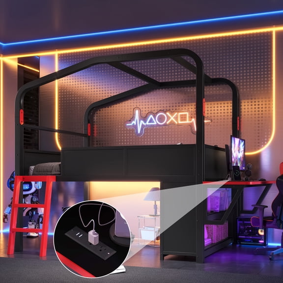 Full Size Low Loft Bed With Side Desk And Usb Ports, Gaming Style Metal Loft Bed With Led Lights, Storage Cabinets, And Chic Canopy Design, Black