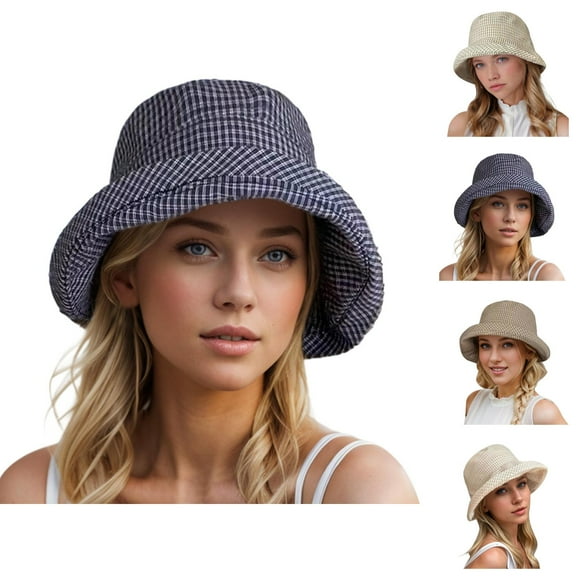 Bucket Hat for Women – Gingham Check Foldable Straw Sun Hat with Wide Brim, UV Protection Beach Hat for Travel, Hiking, Pool and Casual Vacation