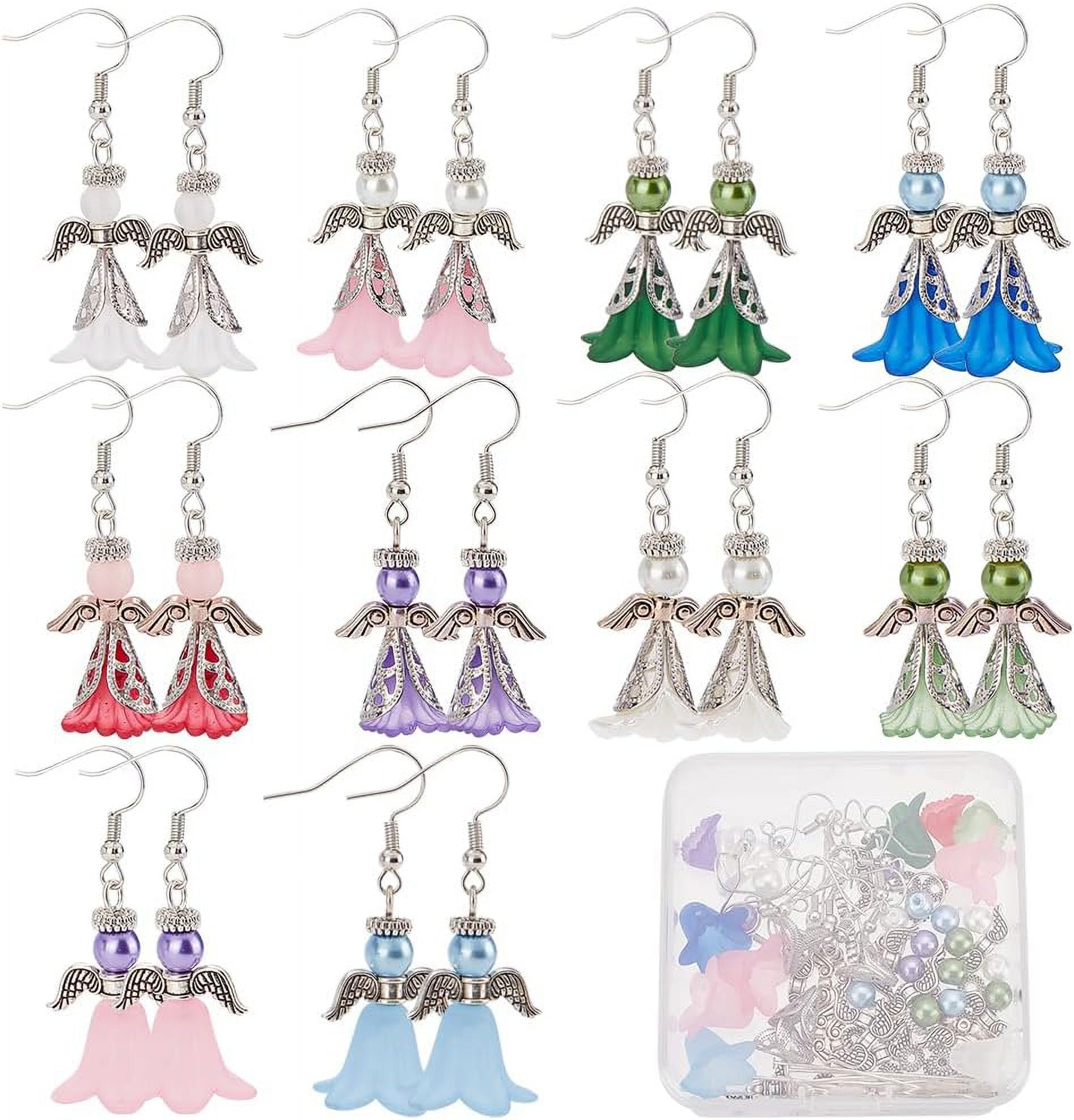 1 Box DIY 20 Pairs Guardian Angel Charms Christmas Beading Angel Beads Earrings Making Starter Kit Wing Bead Heart Frames Round Crackle Spacers for Jewelry Making Kits Women Craft