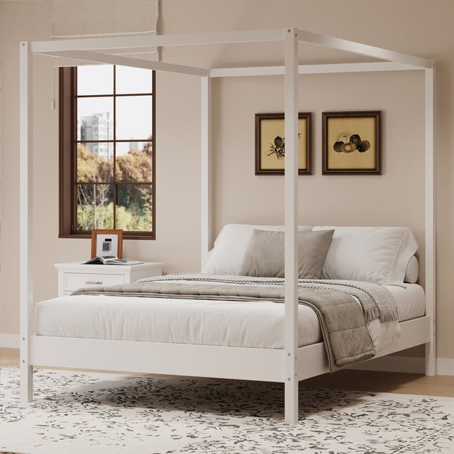 MODERNLUXE Queen Size Canopy Bed Frame,Platform Bed with Wooden Slats Support,Easy Assembly,White