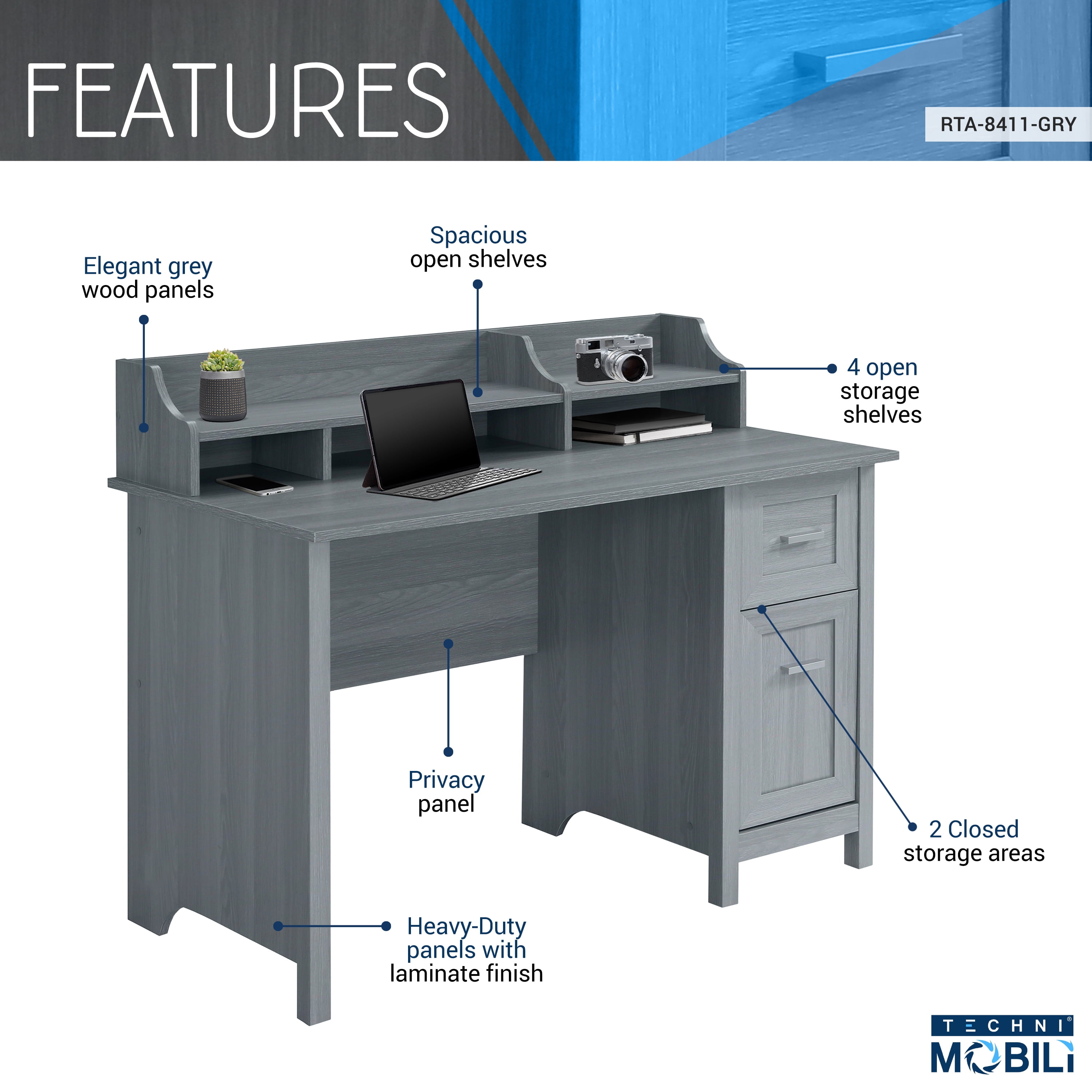 Techni Mobili Classic Office Desk with Storage, Gray RTA-8411-GRY