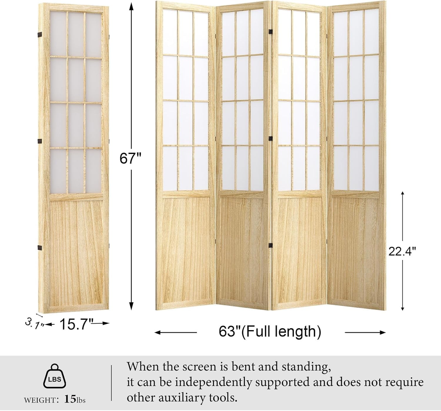 5.6FT Room Divider and Folding Portable Partition Screen, Chinese Japanese Shoji Style for Room Separation - 4 Panel (Natural)