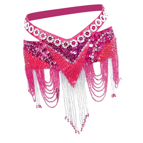 Falda de danza del vientre con borlas para mujer, bufanda con cristales, cadena para la cintura Rosa roja