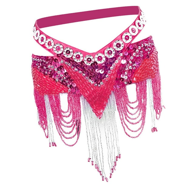 Falda de práctica para danza del vientre con borlas y cuentas para mujer Rosa roja