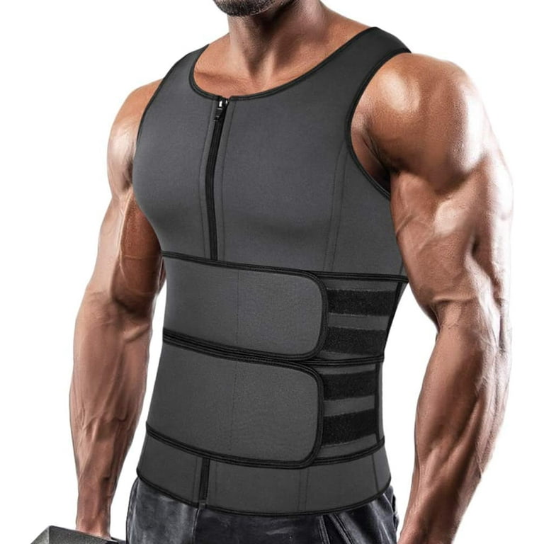 Men Neoprene Sweat Sauna Zipper Vest Waist Trainer Belt Tank Top Trimmer  Body Shaper with Belt Double Compression Adjustable Trimmer Belly abs  Workout Shapewear 