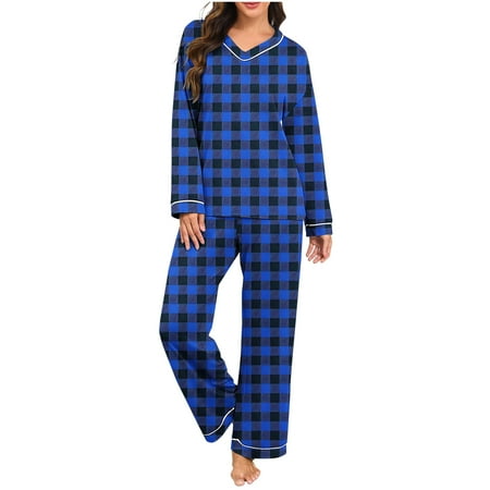 Lovzfmll Two-Piece Pajamas for Women Plaid Print Long Sleeve V-Neck Set Relaxed Fit Top and Pants Cozy Spring Fall Loungewear Blue M