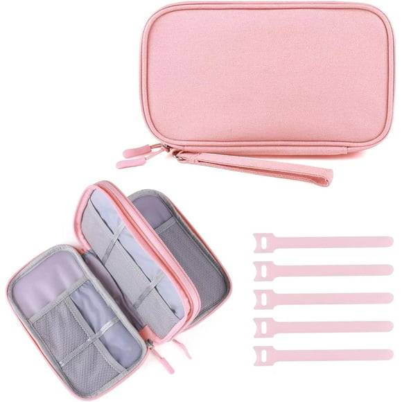 HAHADAXA Cable Organizer Bag, Travel Cord Organizer Pouch Pink Electronics Accessories Bag Tech Cord Storage Pouch for Cable, Charger, Phone, USB, SD Card,with 5pcs Pink Cable Ties