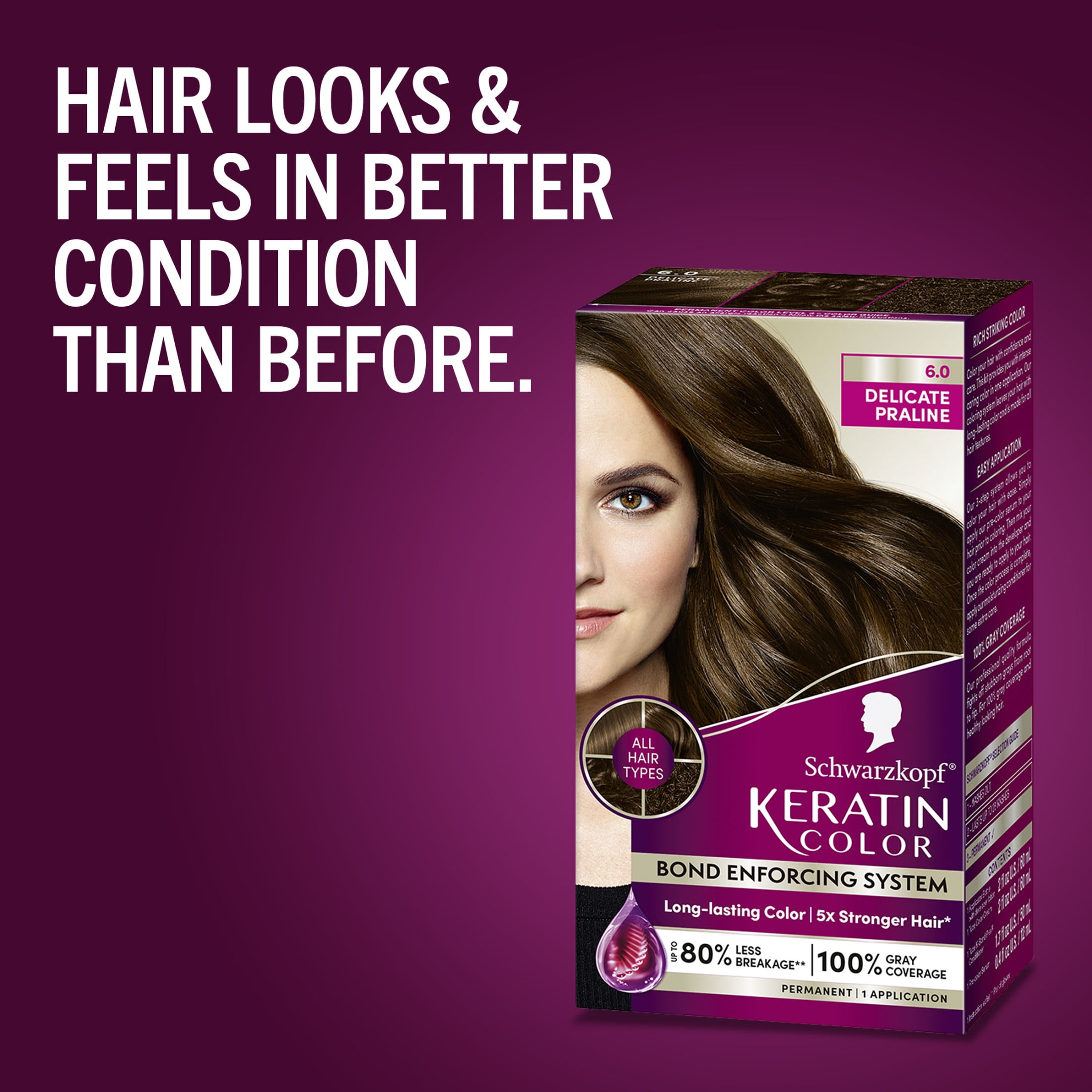 Schwarzkopf Keratin Hair Dye 6.0 Delicate Praline, Permanent Hair Color, 1 Use
