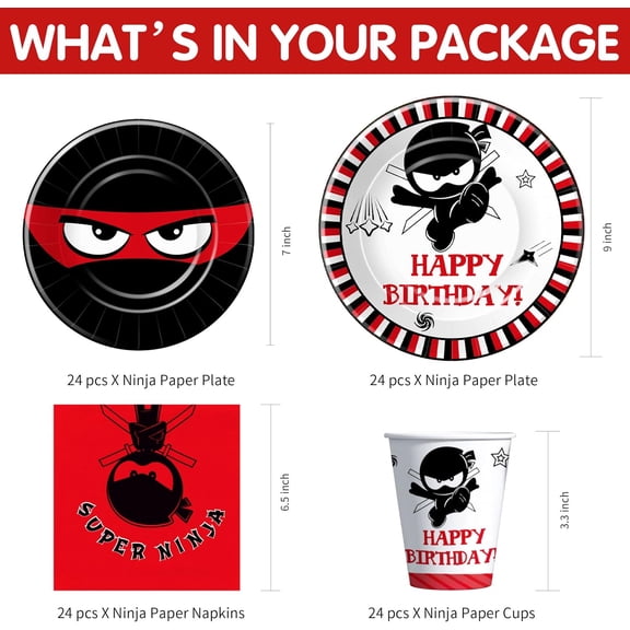 FGTHBF-Ninja Birthday Party Supplies, Ninja Theme Master Warrior Party Decorations Tableware, Birthday Paper Plates and Napkins Set, Cups, Disposable Cutlery, Tablecloth, Straws, Serves 24