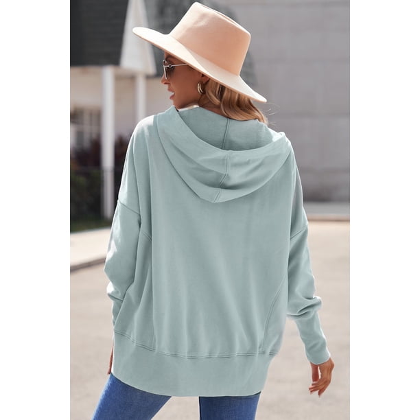 ABPHQTO Sudadera con capucha y cuello henley gris con manga murciélago y bolsillos para mujer
