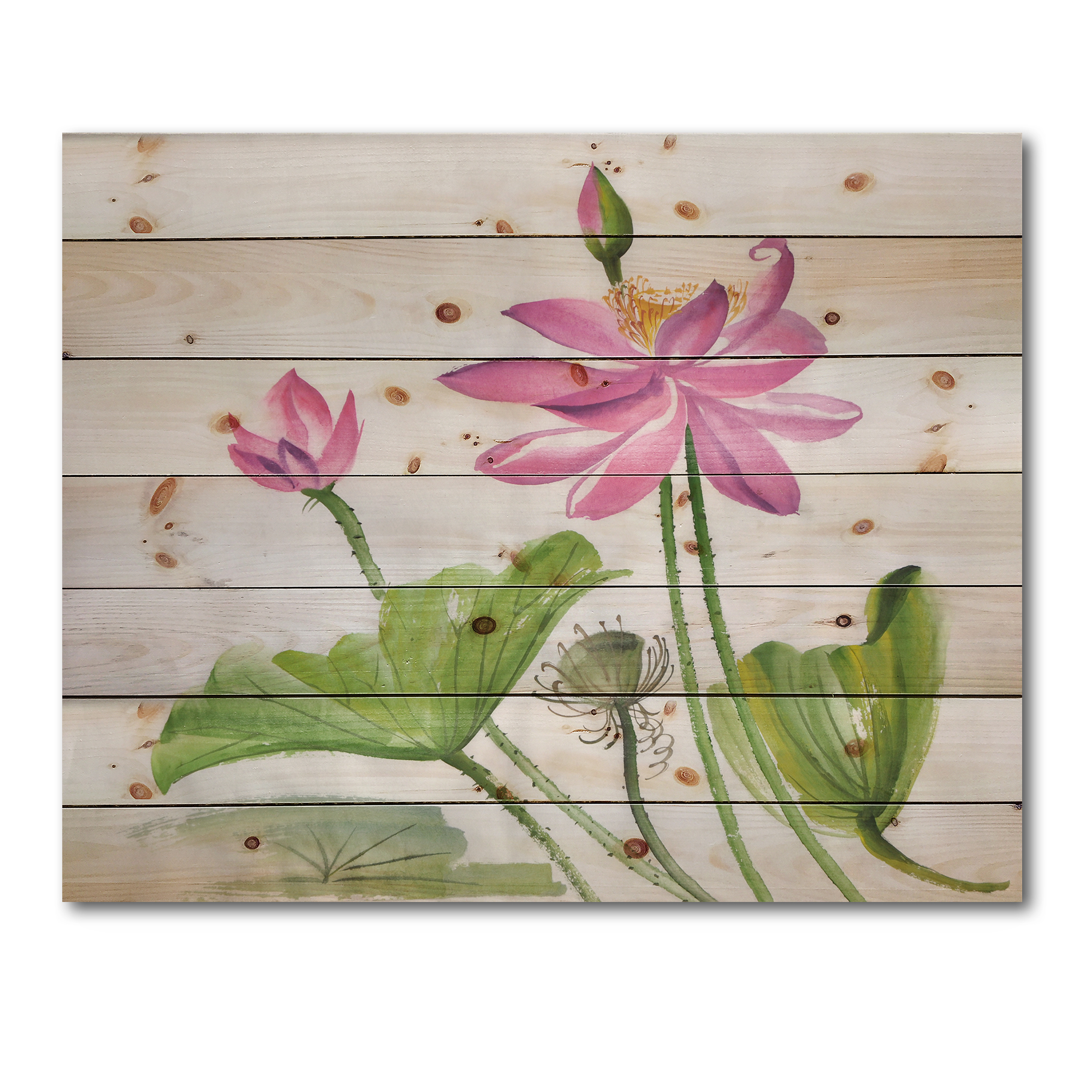 Designart 'Two Pink Lotus Flowers With Green Leaves' Traditional Print on Natural Pine Wood
