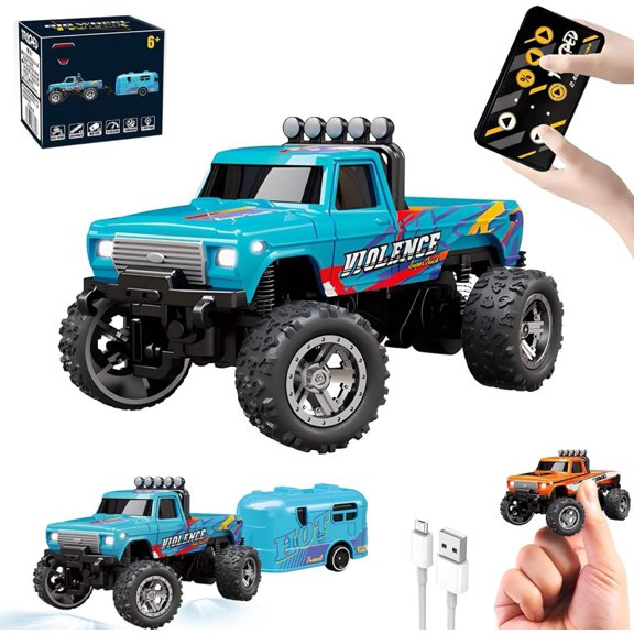 Mini RC Monster Truck,1:64 Scale Monster Car,Remote Control Car with Lights, 2.4Ghz All Terrain Off-Road Monster Truck,Rc Truck with Trailer,Speed/Steering Adjustable(Blue)