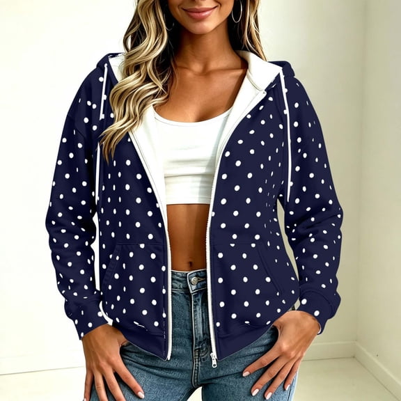 IUYRTFE Women's Polka Dot Zip Up Hoodie with Pockets Drawstring Long Sleeve Casual Jacket