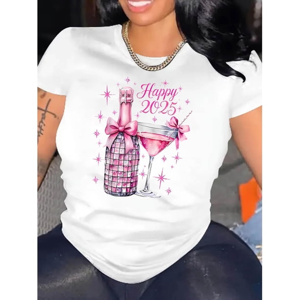 Camiseta Suelta para Mujer Primavera VeranoWomen's Festive Black T-Shirt with Pink Bow, Champagne & Fireworks Print - Casual Round Neck Short Sleeve, Comfortable Polyester Blend, Ideal for New Year