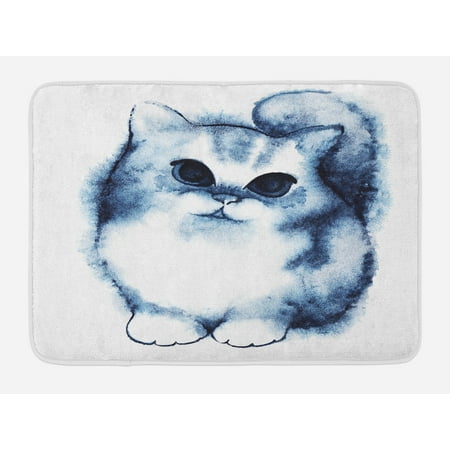 Navy Blue Bath Mat, Cute Kitty Paint with Distressed Color Features Fluffy Cat Best Companion Ever, Non-Slip Plush Mat Bathroom Kitchen Laundry Room Decor, 29.5 X 17.5 Inches, Grey White,