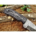 thumbnail image 3 of 8" Long skinning knife, 4" full tang gut hook blade, hand forged Damascus steel, 2 tone Dollar wood scale, Cow Leather sheath, 3 of 6