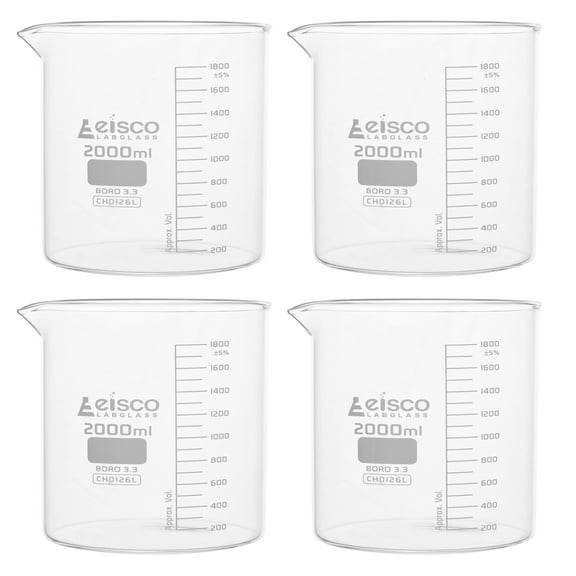 4PK Beakers, 2000ml - Low Form with Spout - White, 100ml Graduations - Borosilicate 3.3 Glass - Eisco Labs
