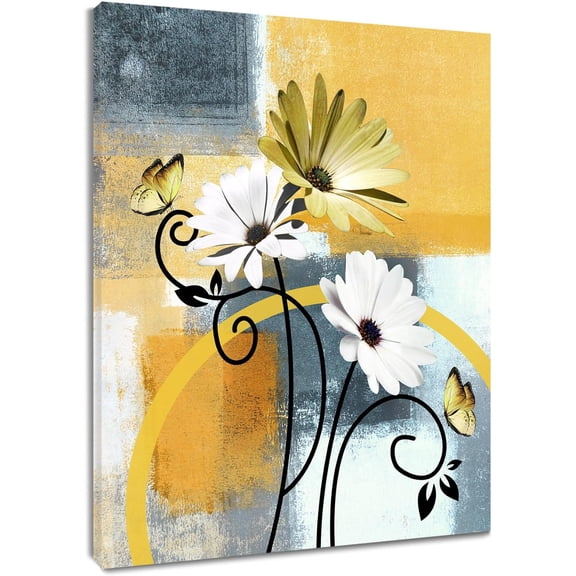 WFSposter-Modern Yellow Wall Art for Bathroom Minimalist Grey Abstract Geometric Canvas Wall Art Wall Paintings Home Decor Daisy Flower Wall Pictures for Living Room Bedroom Office Ready To Hang