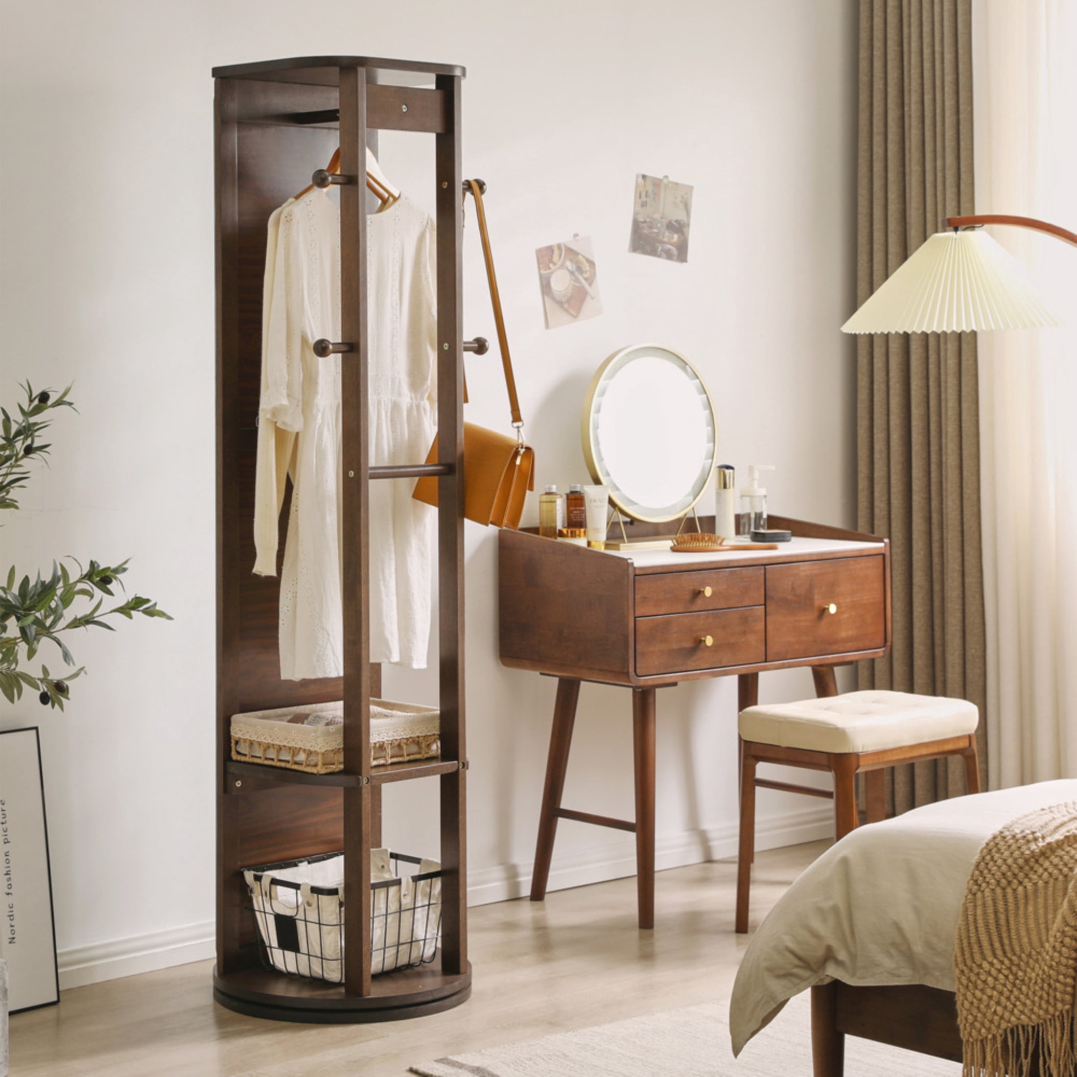 Noble House 67.72" Rotating Full Length Mirror Cabinet, Solid Rubber Wood Jewelry Armoire, Walnut