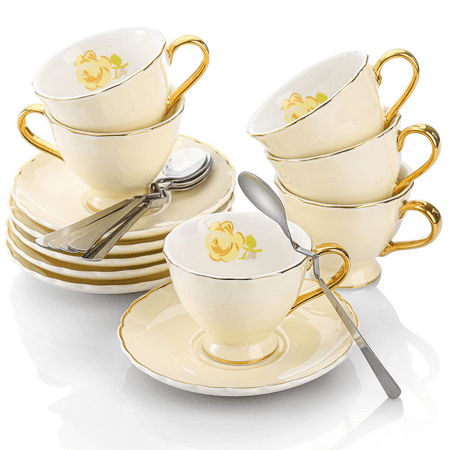 

Espresso Cups and Saucers 3 oz Demitasse Cups with Gold Trim and Spoon Small Tea Cup Turkish Coffee Cup Porcelain Espresso Cup Set of 6