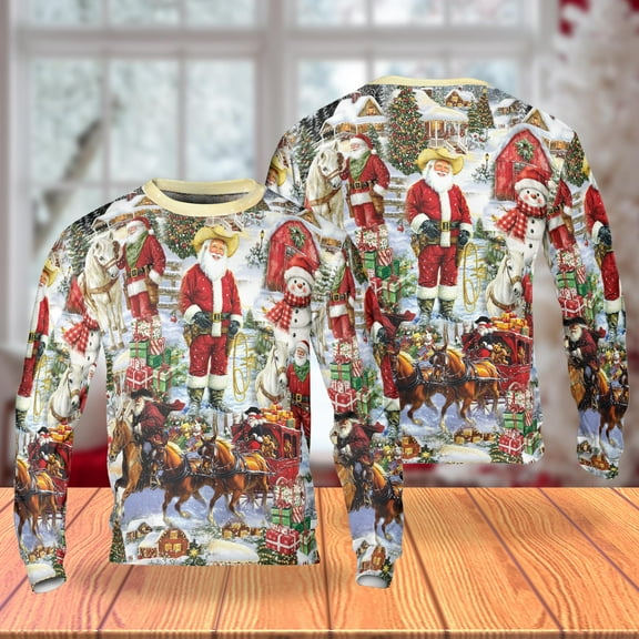 Santa on Horse Christmas Sweatshirt, Festive Holiday Crewneck, Western Santa with Gifts & Snowmen, Cozy Xmas Pullover for Men Women, Traditional Holiday Scene