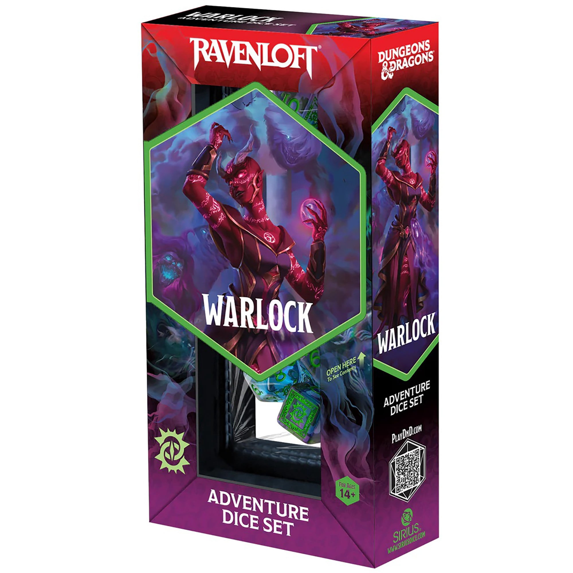 Dungeons & Dragons: D&D Adventure Dice - Warlock: Purple & Green - 14pc RPG Set, Class Symbols, Collectible Roleplaying Game Accessory, Sirius Dice