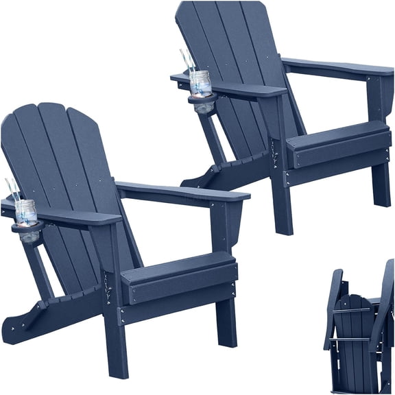 JERFIT 2-Pack Dark Blue HDPE Folding Adirondack Outdoor Chairs with Built-in Cup Holder for Patio Lawn Deck Fire Pit